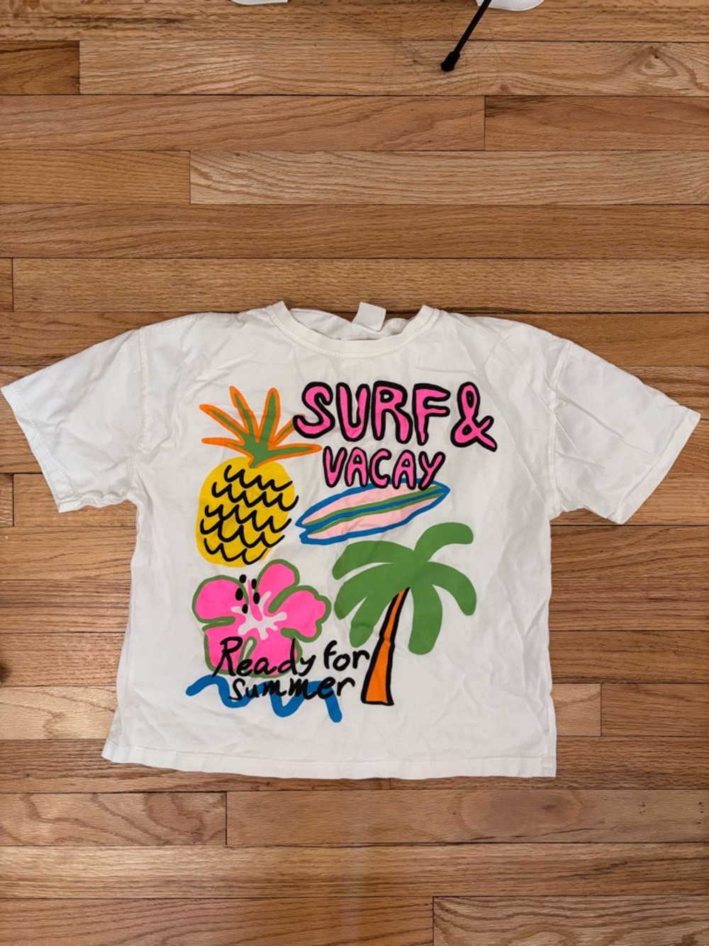 Zara White Kids' 'Surf & Vacay' Graphic Tee with Pink, Yellow & Green Accents